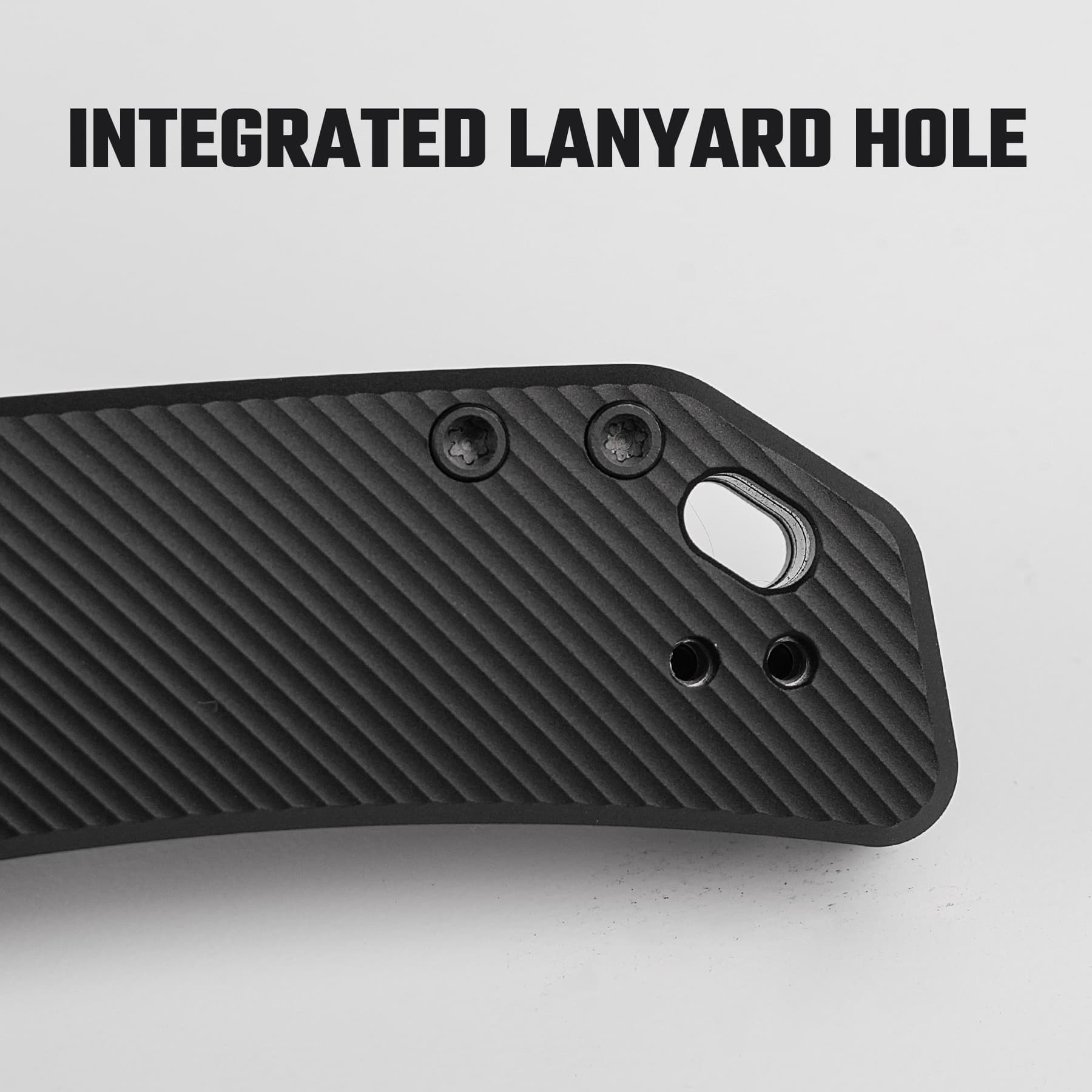 Close-up of a black textured device edge showing an integrated lanyard hole and screws.