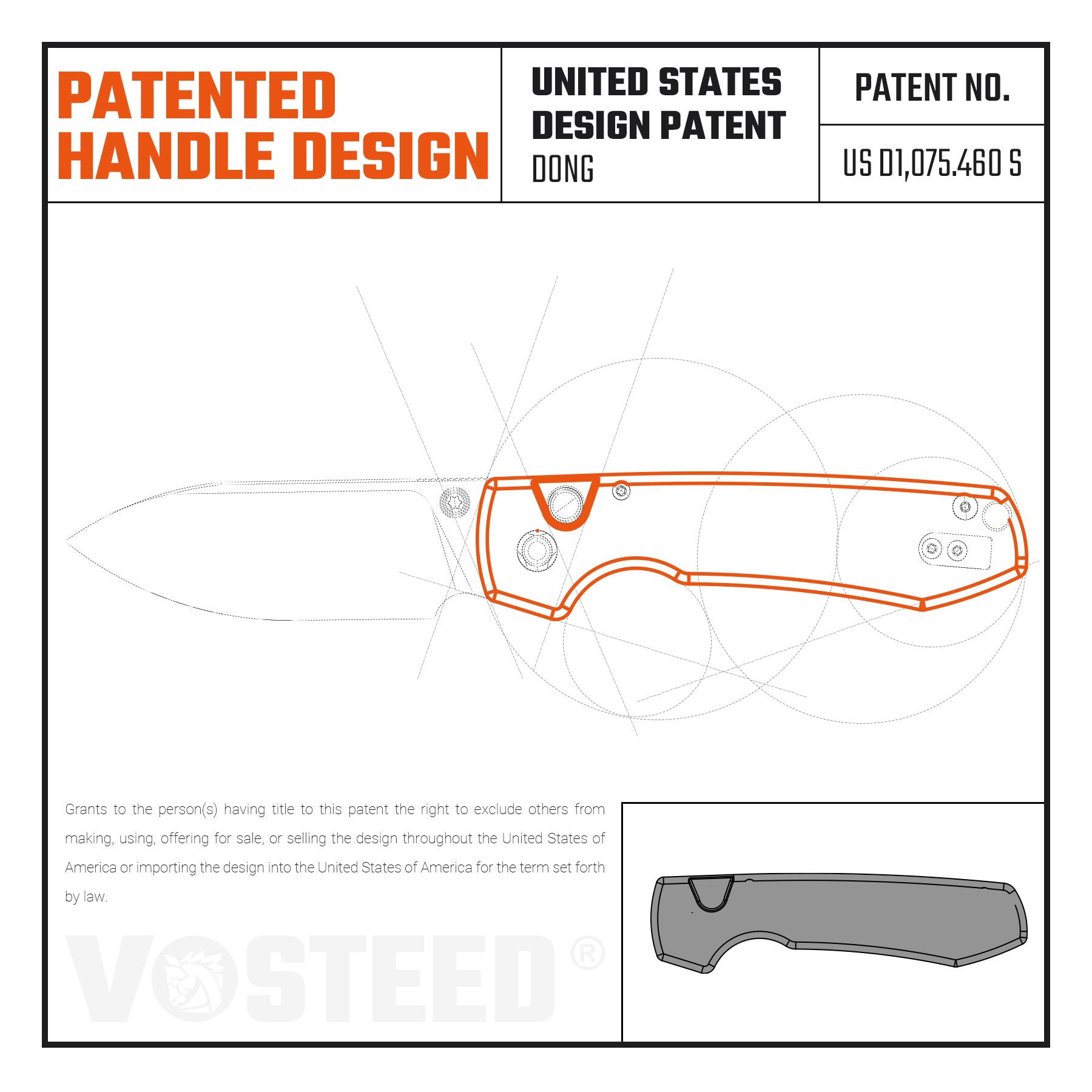 Header panel reading 'PATENTED HANDLE DESIGN' with 'UNITED STATES DESIGN PATENT' and 'PATENT NO. US D1,075,460 S'; below is a technical drawing of a curved handle in orange with outlines and circles indicating components.