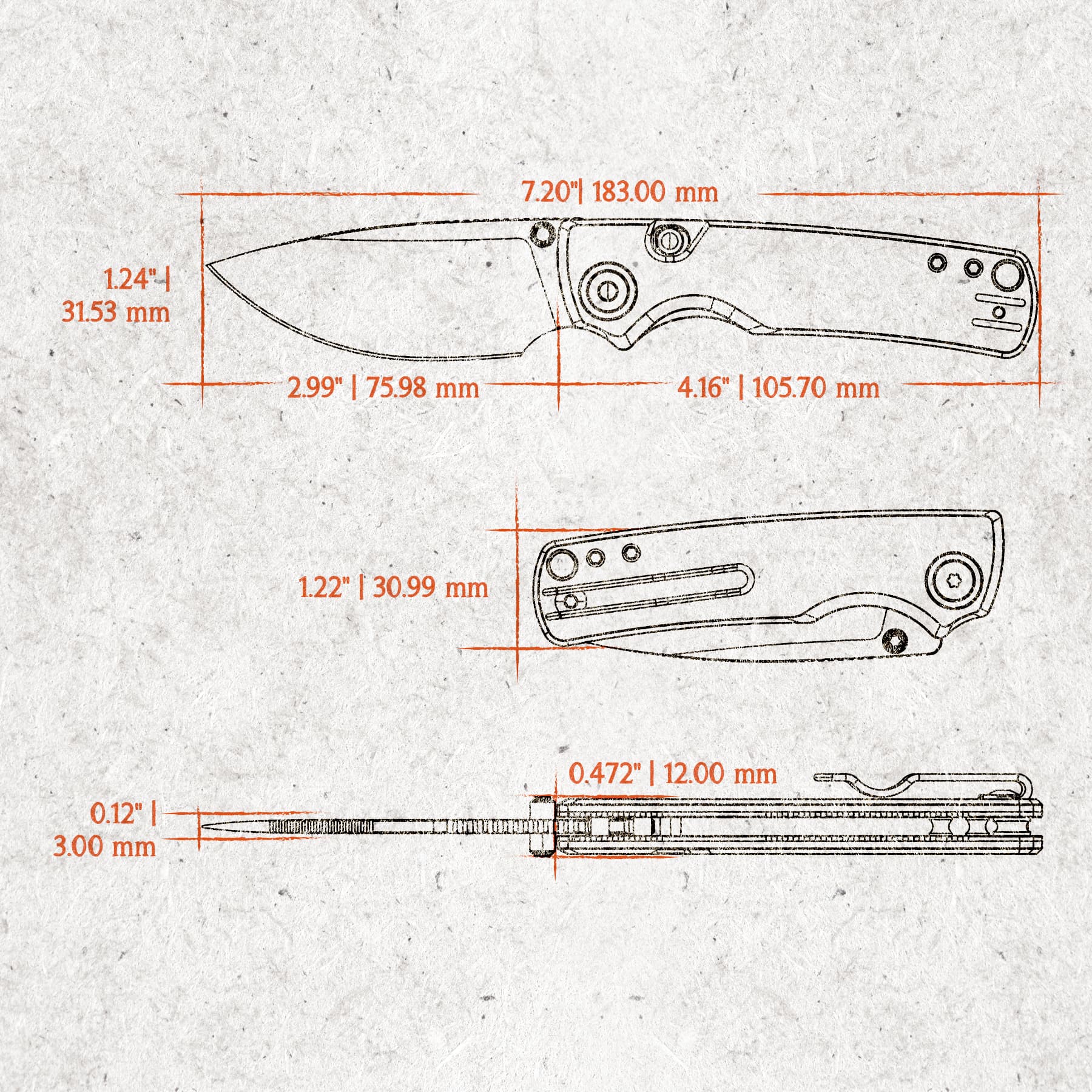 Technical blueprint of a folding knife with orange measurement marks showing overall length and blade dimensions.