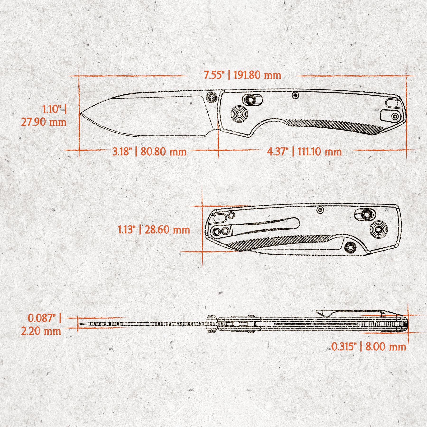 Technical blueprint of a folding knife with orange measurement lines and imperial/metric dimensions.