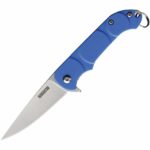 Blue folding pocket knife with a silver blade and a keyring attached to the handle on a white background