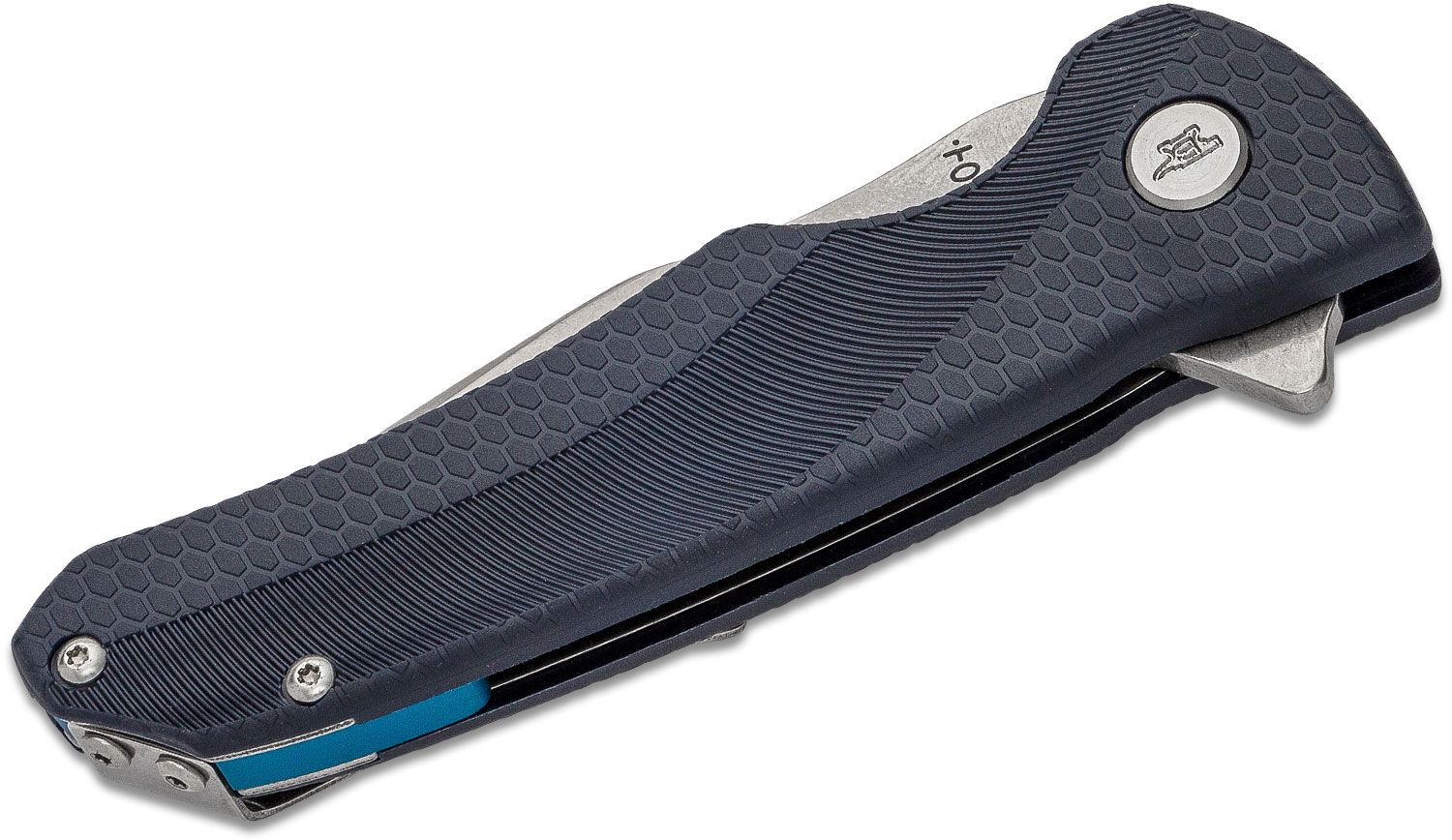 Closed folding pocket knife with a dark blue textured handle and a partially visible silver blade at the tip.