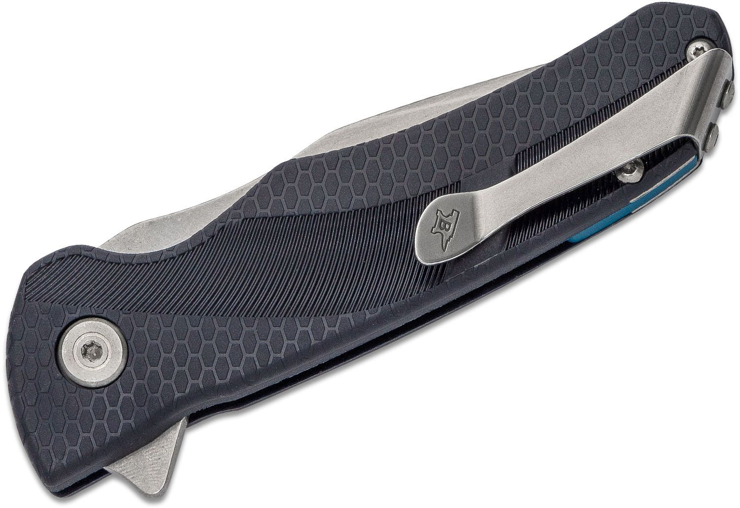 Closed folding knife with a dark hex-patterned handle and metal pocket clip