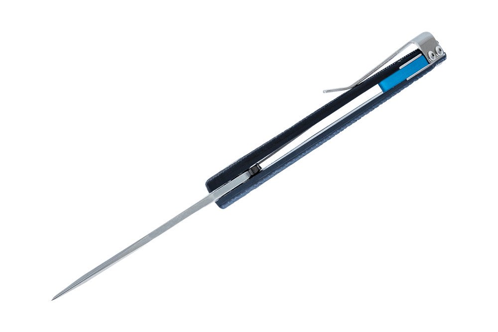 Precision scalpel with a long straight blade and blue-handled grip