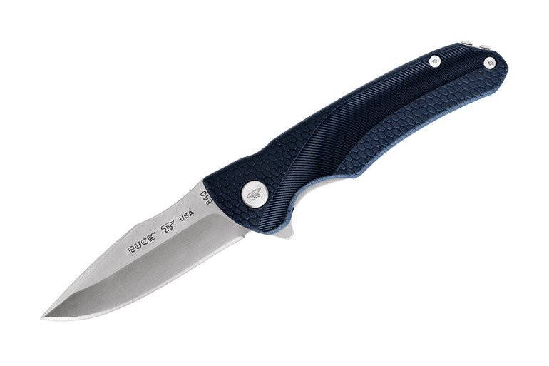 Blue textured folding knife with a stainless steel blade