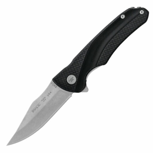 Buck folding knife with a black textured grip and drop-point blade photographed against a white background.