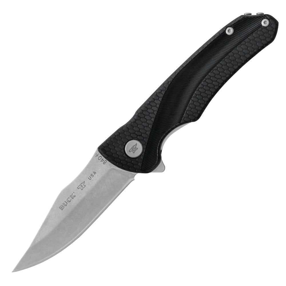 Buck folding knife with a black textured grip and drop-point blade photographed against a white background.