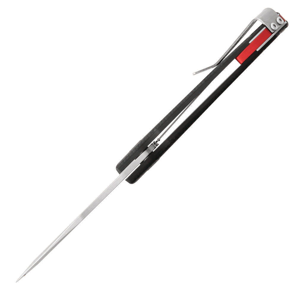 Long surgical scalpel with a long, narrow blade attached to a black and red ergonomic handle