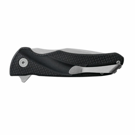 Closed folding pocket knife with a black textured handle and silver pocket clip.