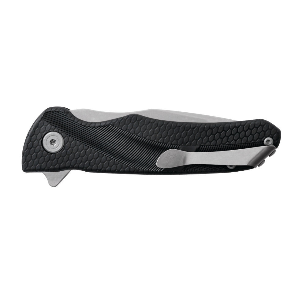 Closed folding pocket knife with a black textured handle and silver pocket clip.