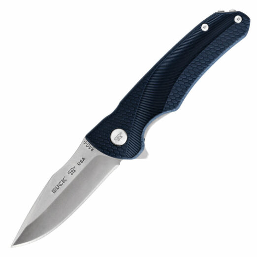 Blue textured folding knife with a partially extended silver blade.