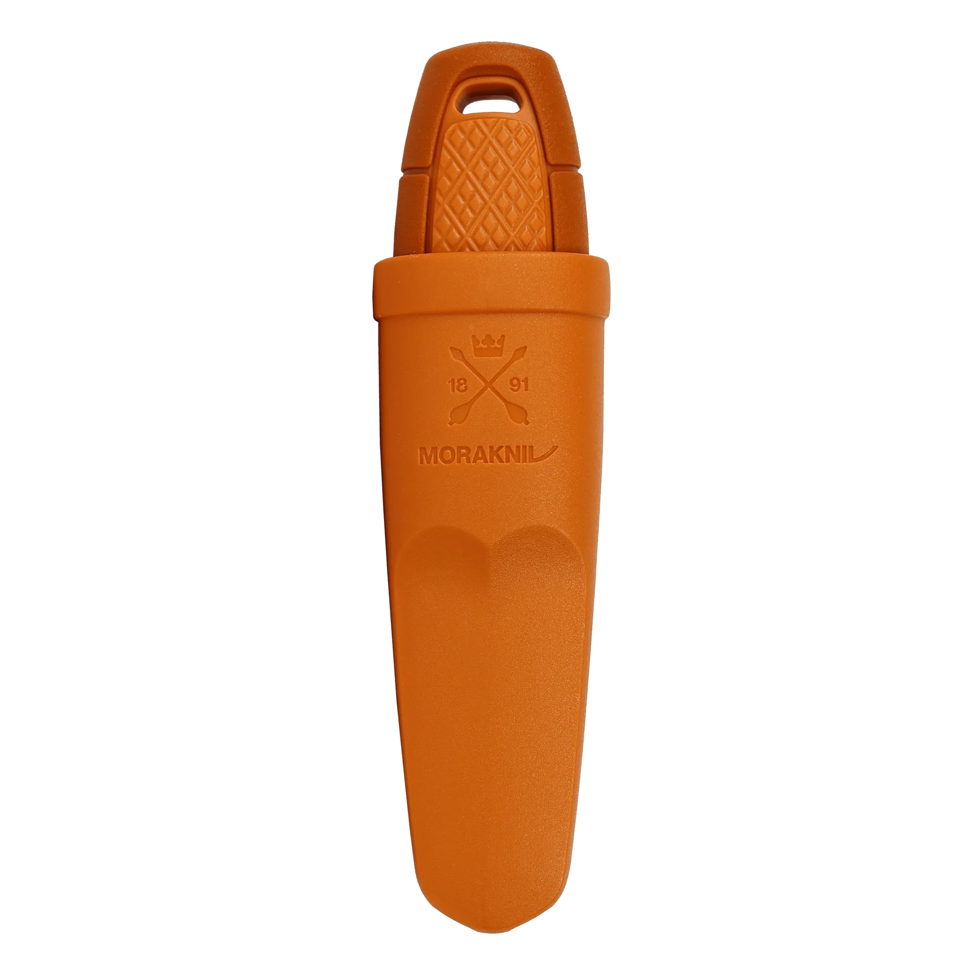 Close-up of an orange Morakniv handle with a textured grip and embossed branding.