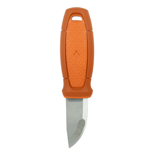 Orange textured-handled utility knife with a visible metal blade extending downward.