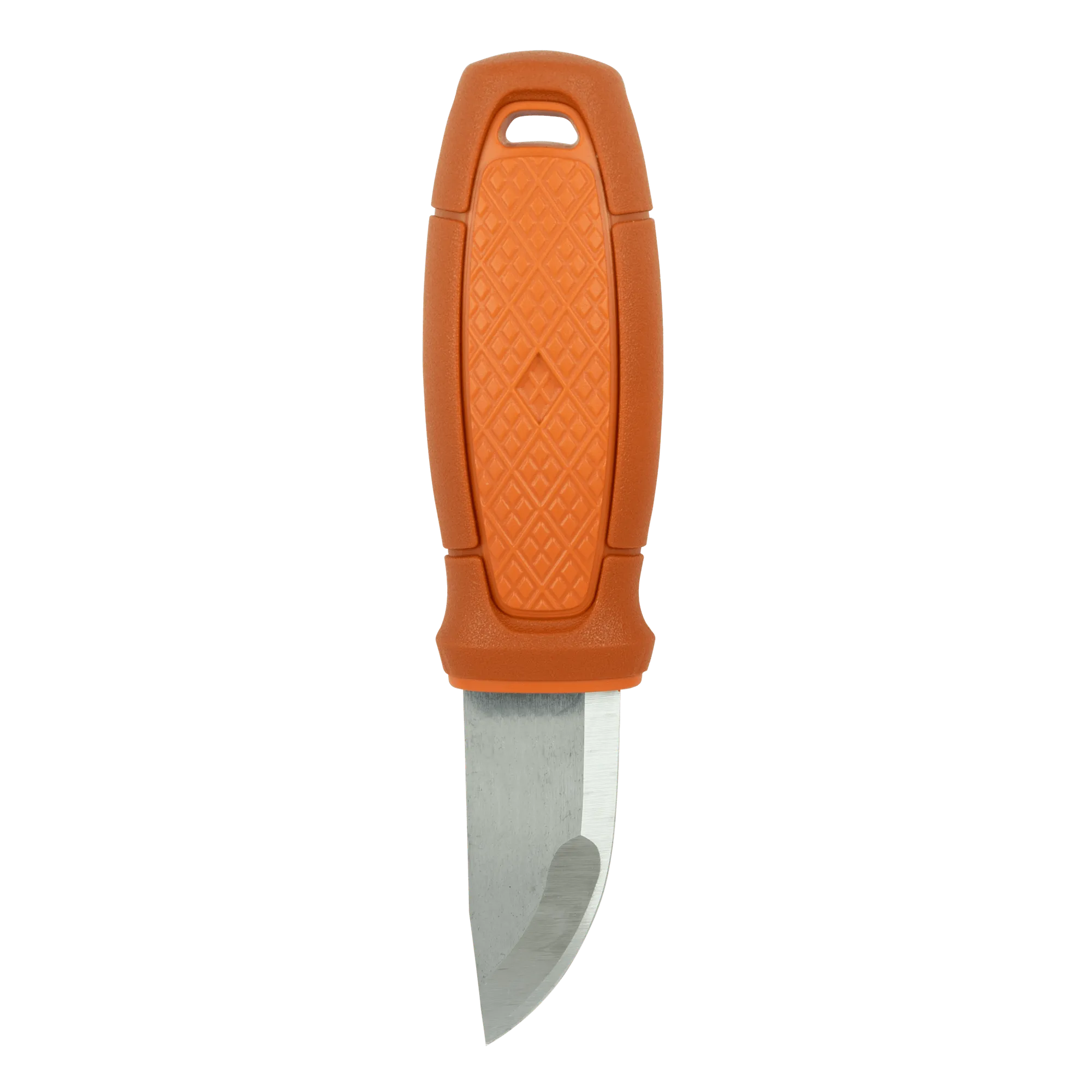 Orange textured-handled utility knife with a visible metal blade extending downward.