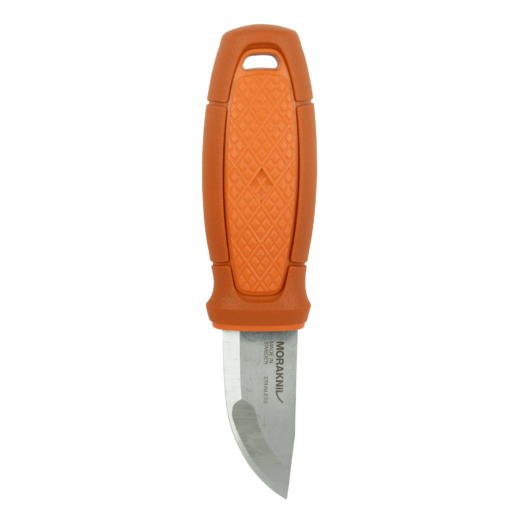 Orange-handled knife with a diamond-pattern grip and a stainless blade extending downward from the handle.