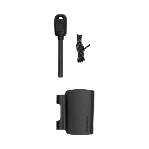 Close-up of a black plastic handheld mount with a textured front and a braided black-and-white cord beside it against a black background