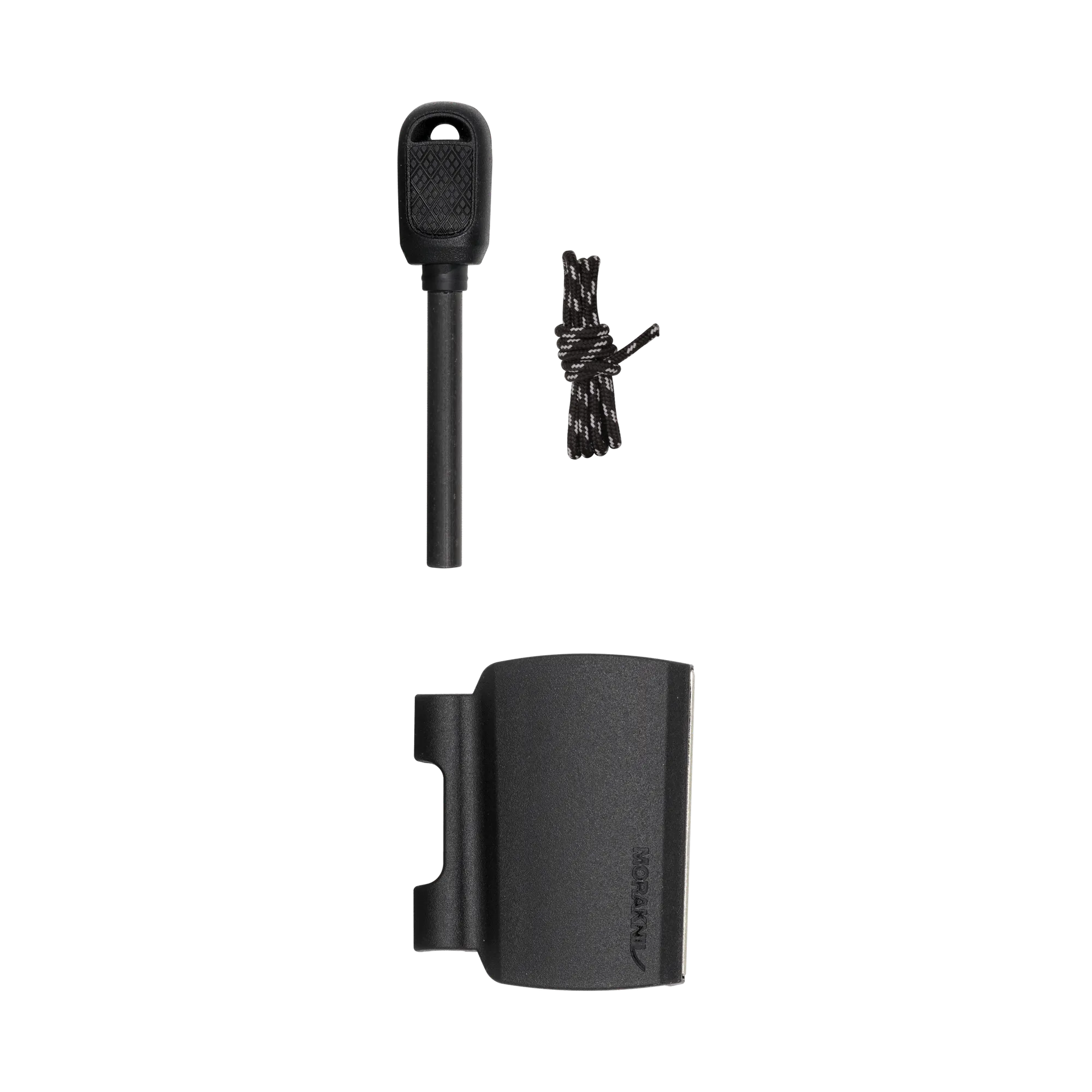 Close-up of a black plastic handheld mount with a textured front and a braided black-and-white cord beside it against a black background