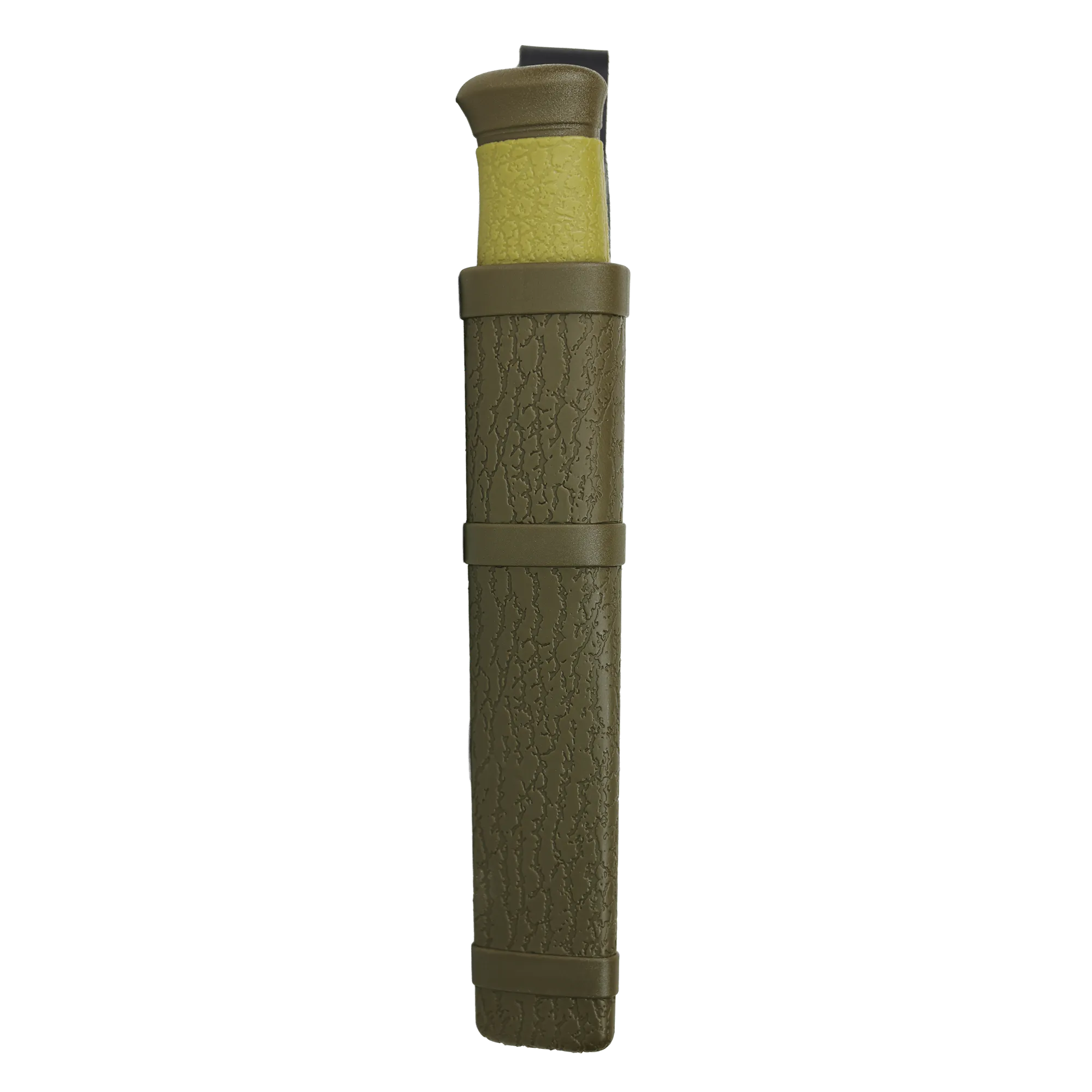 Close-up of a textured olive-drab cylindrical object with two darker bands and a yellow-green center, set against a black background.