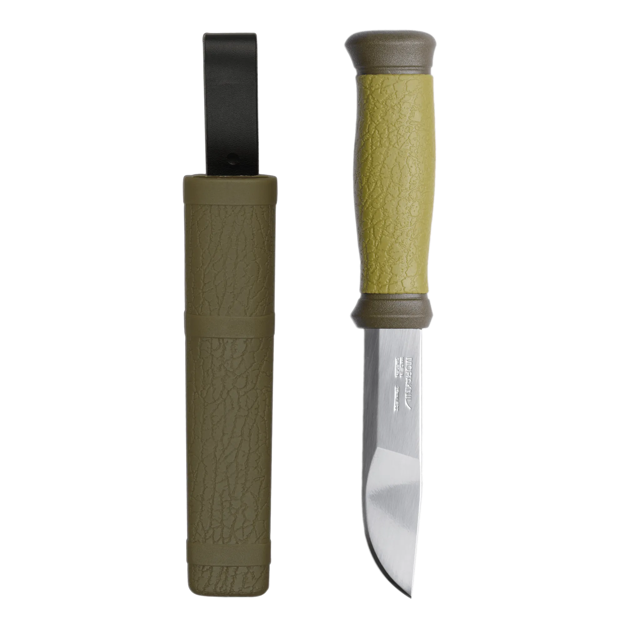 Two olive-drab knife handles shown side by side; the left has a closed sheath with a black top, the right shows an unsheathed blade with a textured green grip.