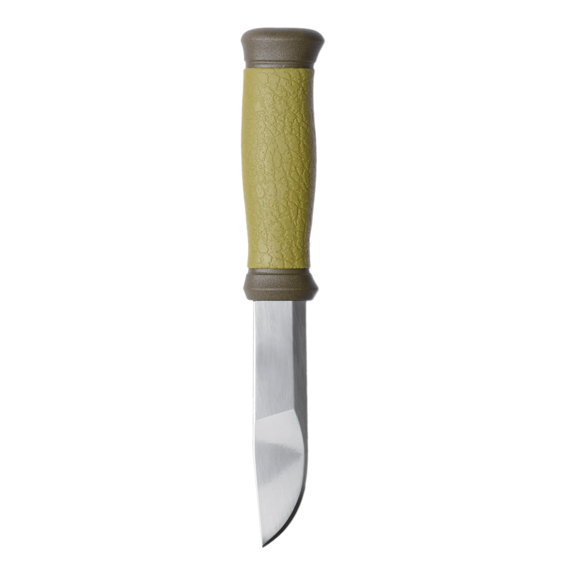 Close-up of a knife handle with a textured olive-green grip and brown guard, blade partially visible below.