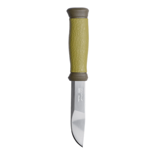 Close-up of a dagger handle: olive-green textured grip with a brown pommel and a shiny steel blade extending downward