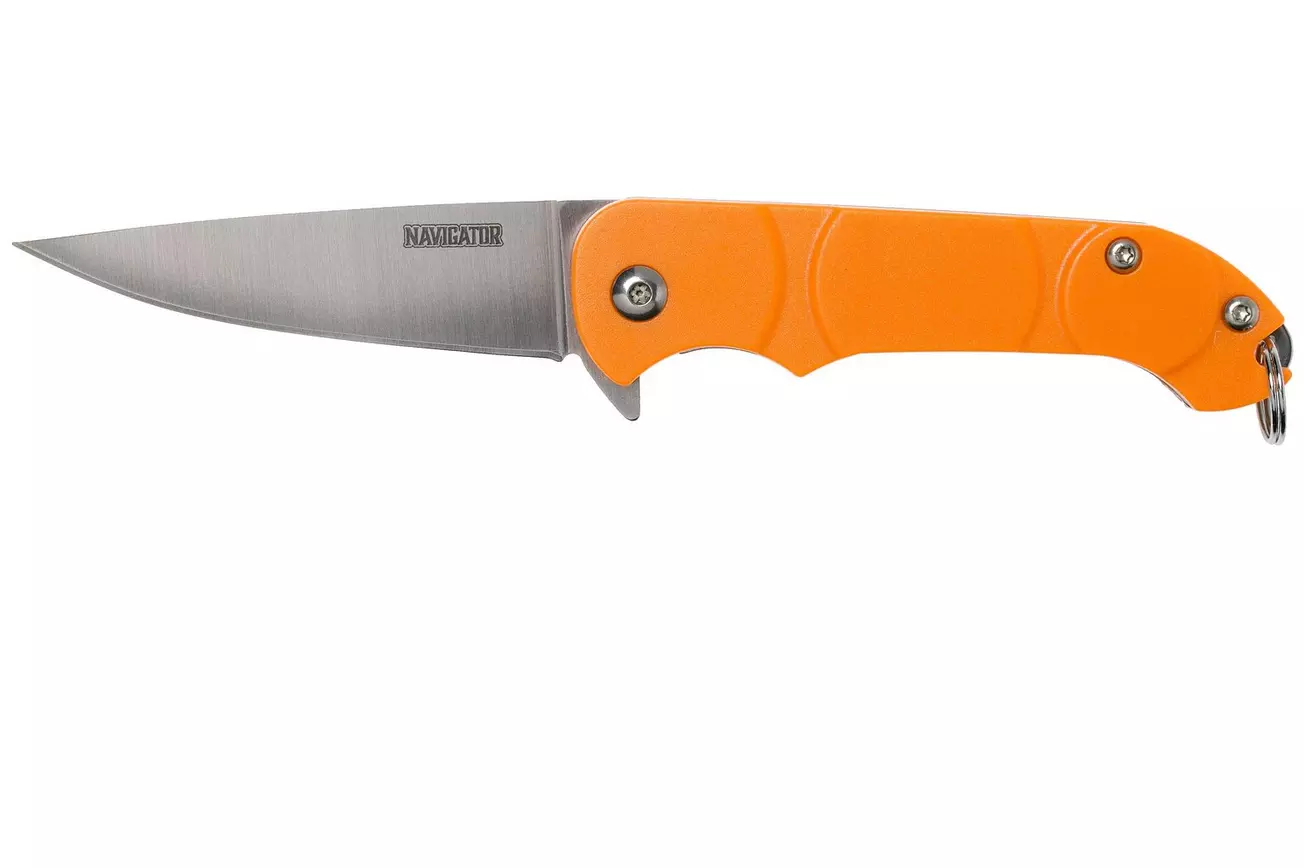 Folding pocket knife with an orange handle and a silver blade branded Navigator, shown extended with a keyring attached to the handle edge.