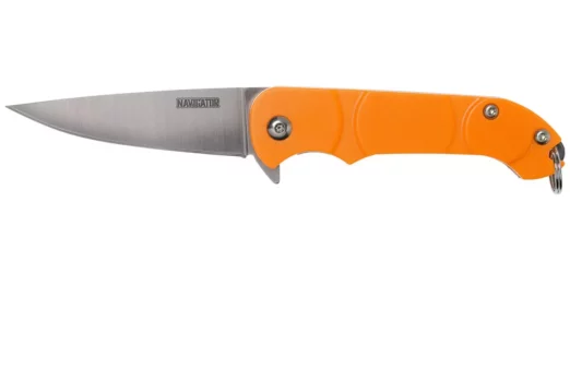Orange folding knife with a silver drop-point blade and a keyring attached.