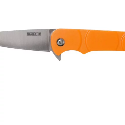 Orange folding knife with a silver drop-point blade and a keyring attached.