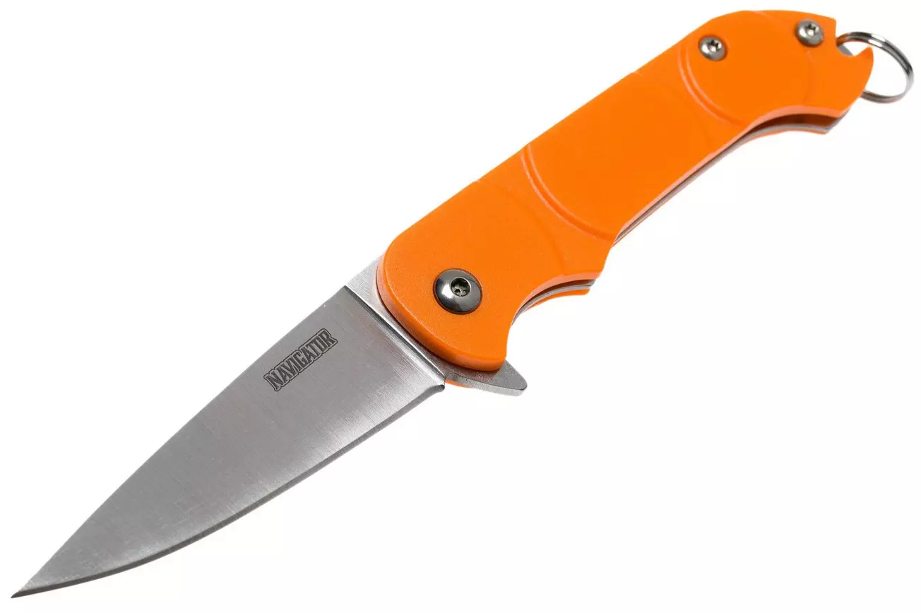 Orange folding knife with partially deployed blade and a circular keyring attachment at the end of the handle.