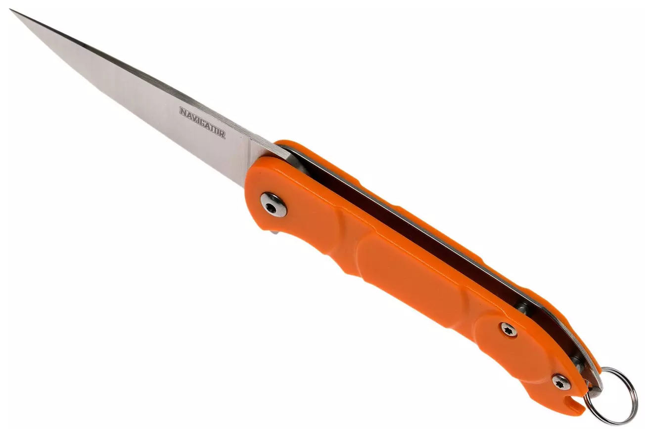 Orange folding pocketknife with a long, silver blade extended; has a key ring attached at the handle end.