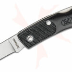 Folding knife with a black textured handle and drop-point blade, brand Imperial, opened slightly for display