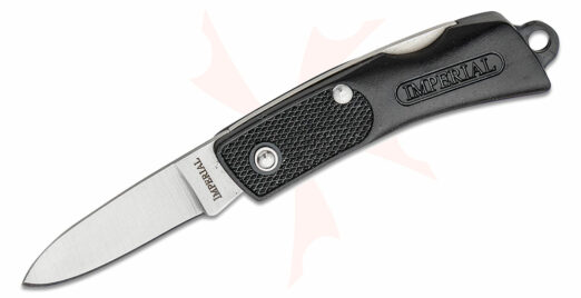 Folding knife with a black textured handle and drop-point blade, brand Imperial, opened slightly for display