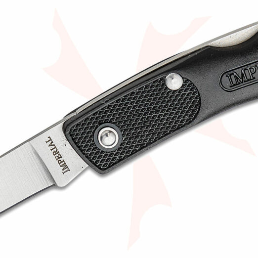 Folding knife with a black textured handle and drop-point blade, brand Imperial, opened slightly for display