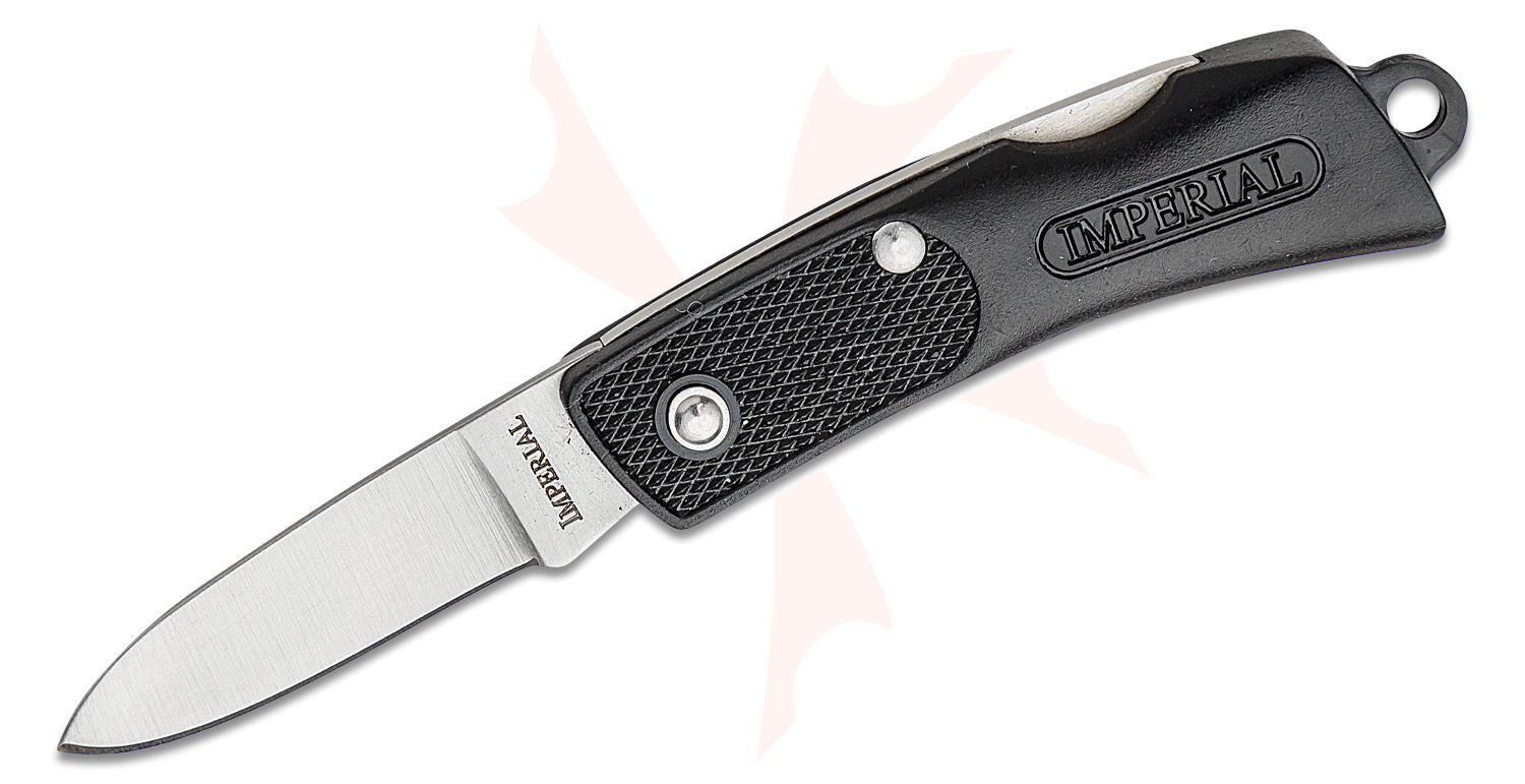 Folding knife with a black textured handle and drop-point blade, brand Imperial, opened slightly for display