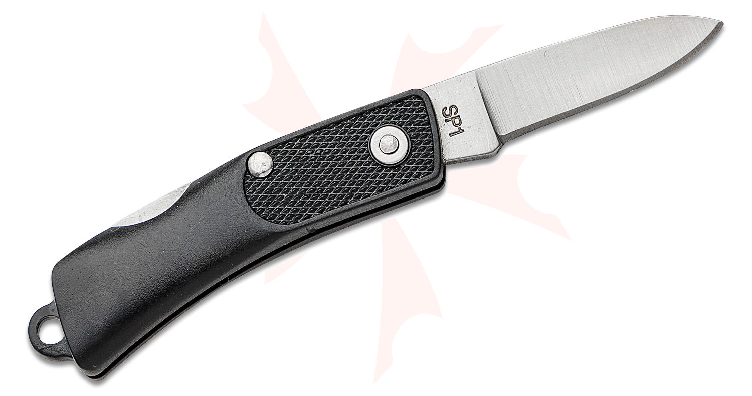 Folding pocket knife with a black textured handle and a partially extended steel blade marked SP1y (SP1).