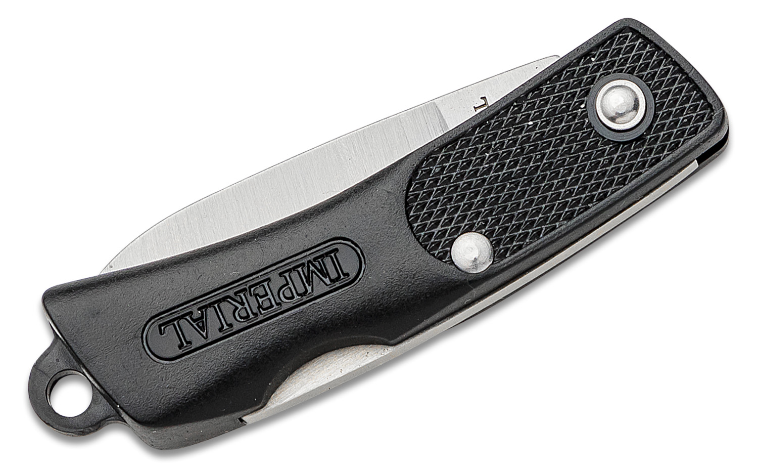 Compact folding knife with a silver blade and black textured handle, shown partially open with a lanyard hole at the end.