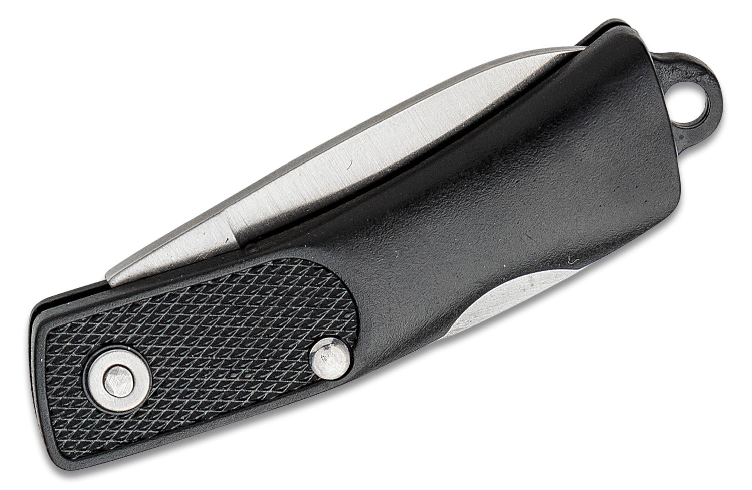 Closed black folding pocket knife with a silver blade partially exposed and a textured grip, showing a circular fastener and a loop at the end