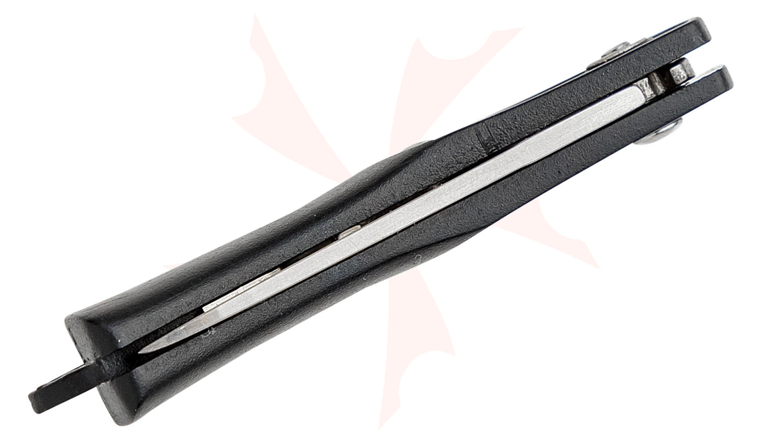 Close-up of a black plastic-handled utility knife with a retractable metal blade in a diagonal orientation