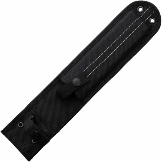 Black nylon knife sheath with belt loop, snap strap, and metal grommets along the edge.