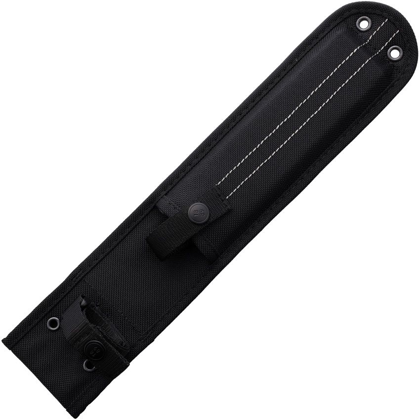Black nylon knife sheath with belt loop, snap strap, and metal grommets along the edge.