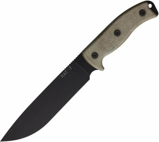 RAT7 fixed-blade survival knife with a black blade and tan textured handle