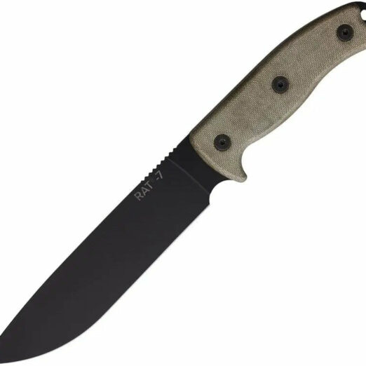 RAT7 fixed-blade survival knife with a black blade and tan textured handle